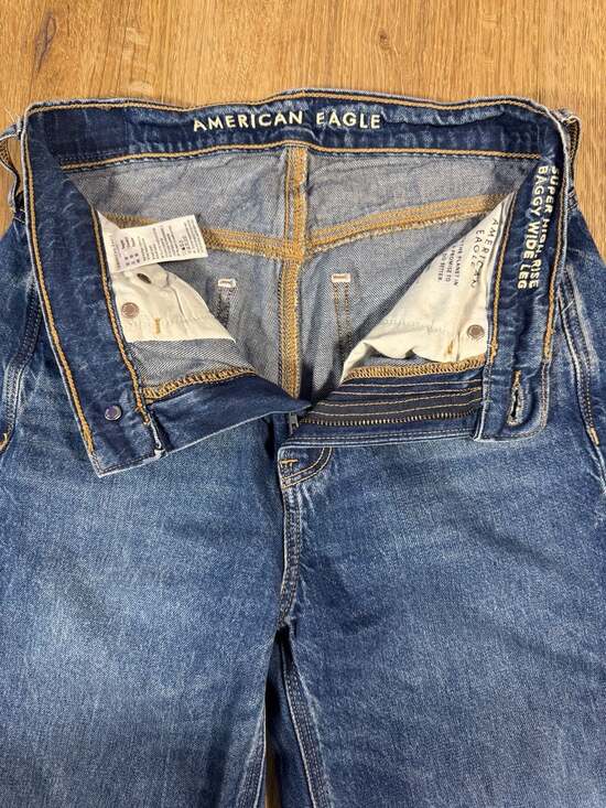 American Eagle Super High Rise Baggy Wide Leg Jeans Blue 00R Raw Hem Y2K - Picture 5 of 8
